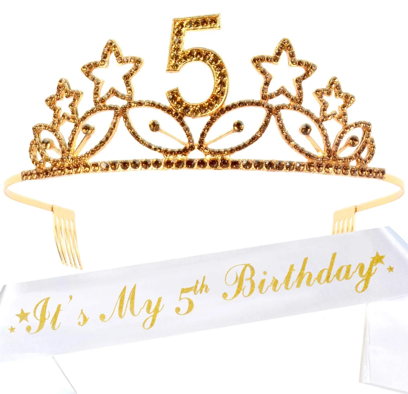 5th Birthday Gifts for Girl, 5th Birthday Tiara and Sash Gold, HAPPY 5th Birthday Party