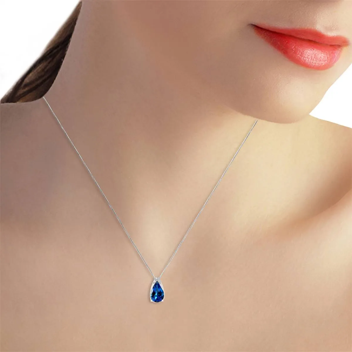 6 Carat 14K Solid White Gold Place To Stand Blue Topaz Necklace