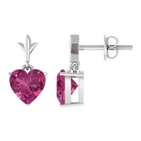 6 MM Heart Shape Pink Tourmaline Drop Stud Earrings