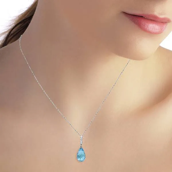 6.68 Carat 14K Solid White Gold Necklace Diamond Briolette Drop Blue Topaz