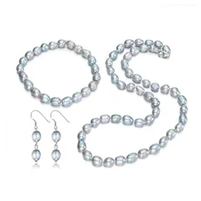 7-8mm Rice Shape Pearl Necklace, Bracelet and Earring Set for Women