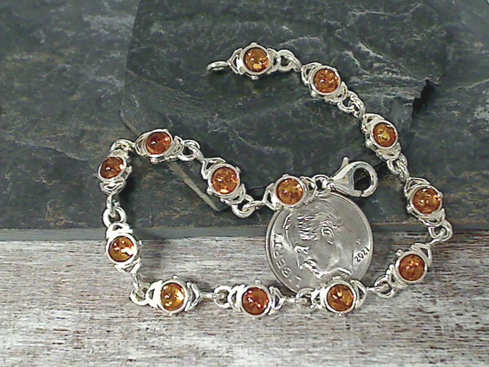 7.25" Amber, Sterling Silver Bracelet