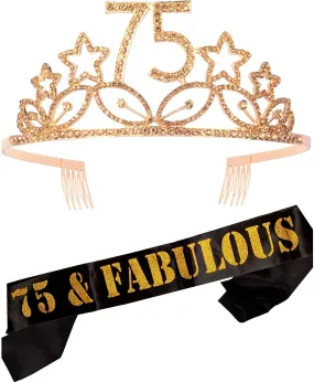 75Th Birthday Gifts For Woman, 75Th Birthday Tiara And Sash Gold, Happy 75Th Birthday