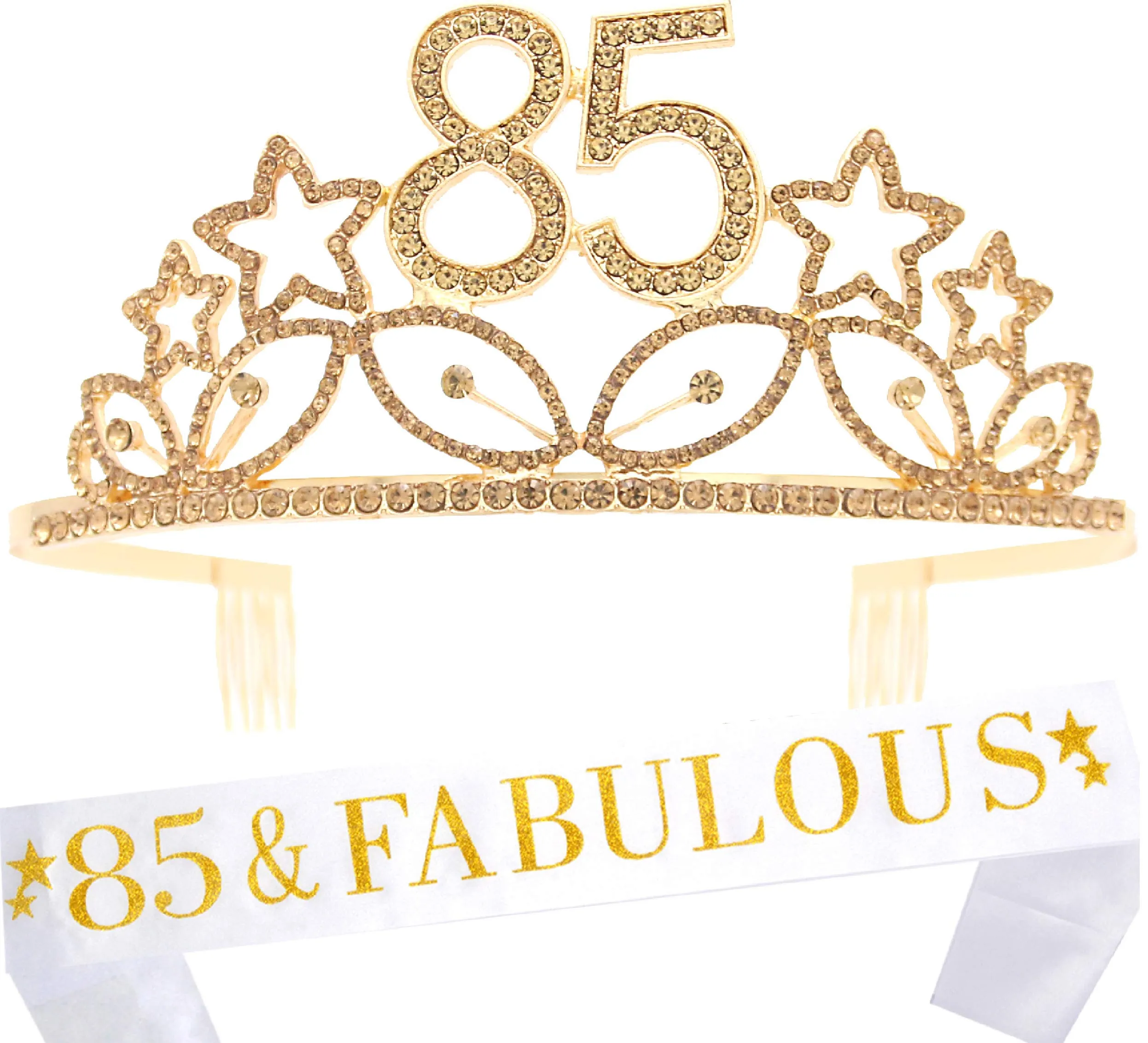 85th Birthday Gifts for Woman, 85th Birthday Tiara and Sash Gold, HAPPY 85th Birthday