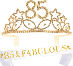 85th Birthday Gifts for Woman, 85th Birthday Tiara and Sash Gold, HAPPY 85th Birthday