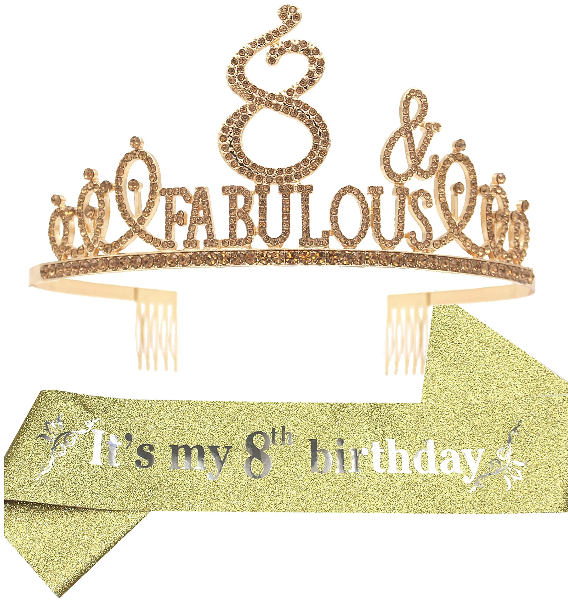 8th Birthday, 8th Birthday Gifts for Girls, 8th Birthday Tiara and Sash Gold, 8th Birthday