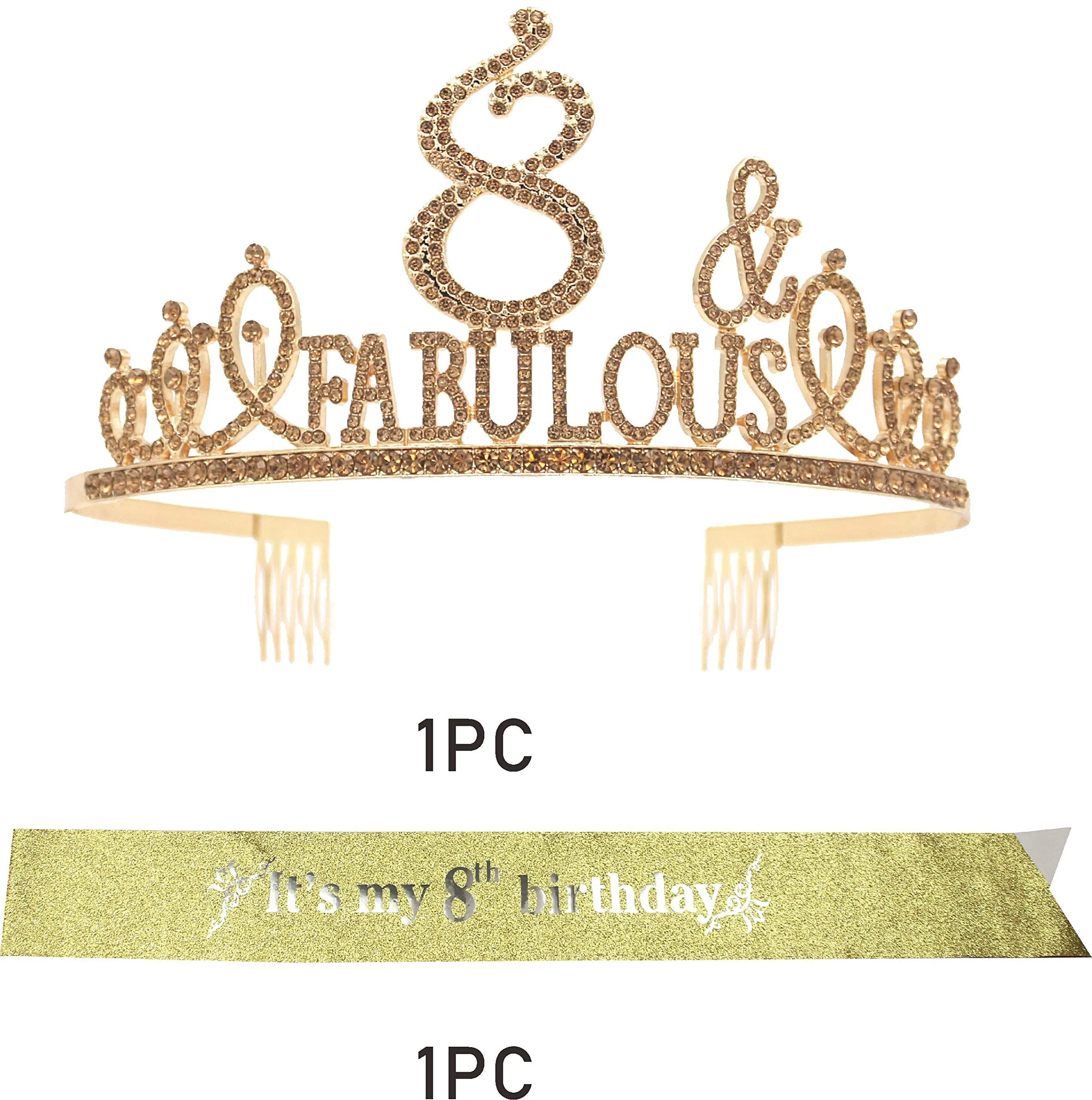 8th Birthday, 8th Birthday Gifts for Girls, 8th Birthday Tiara and Sash Gold, 8th Birthday