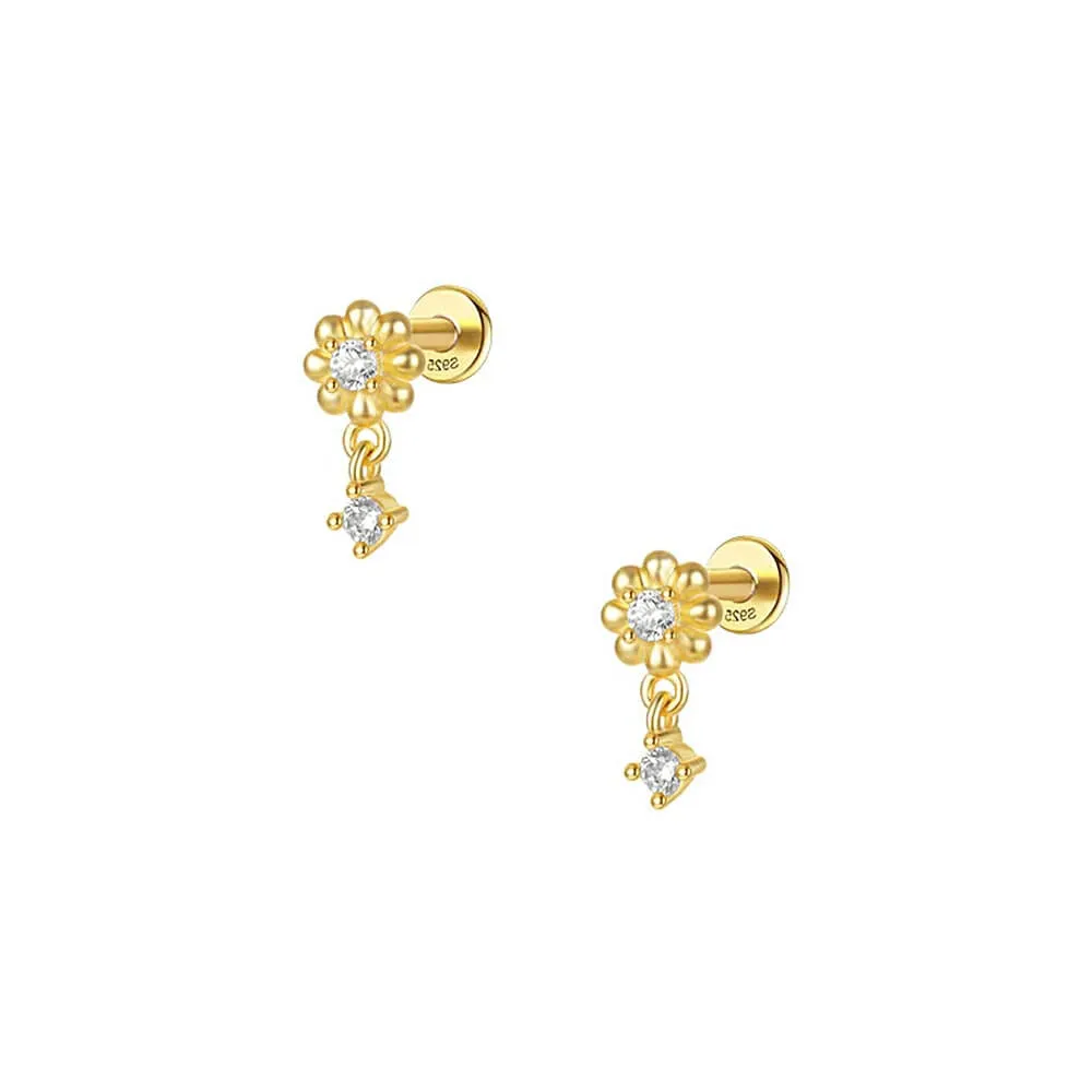 925 Silver Gold Flower Pendant Flat Earrings