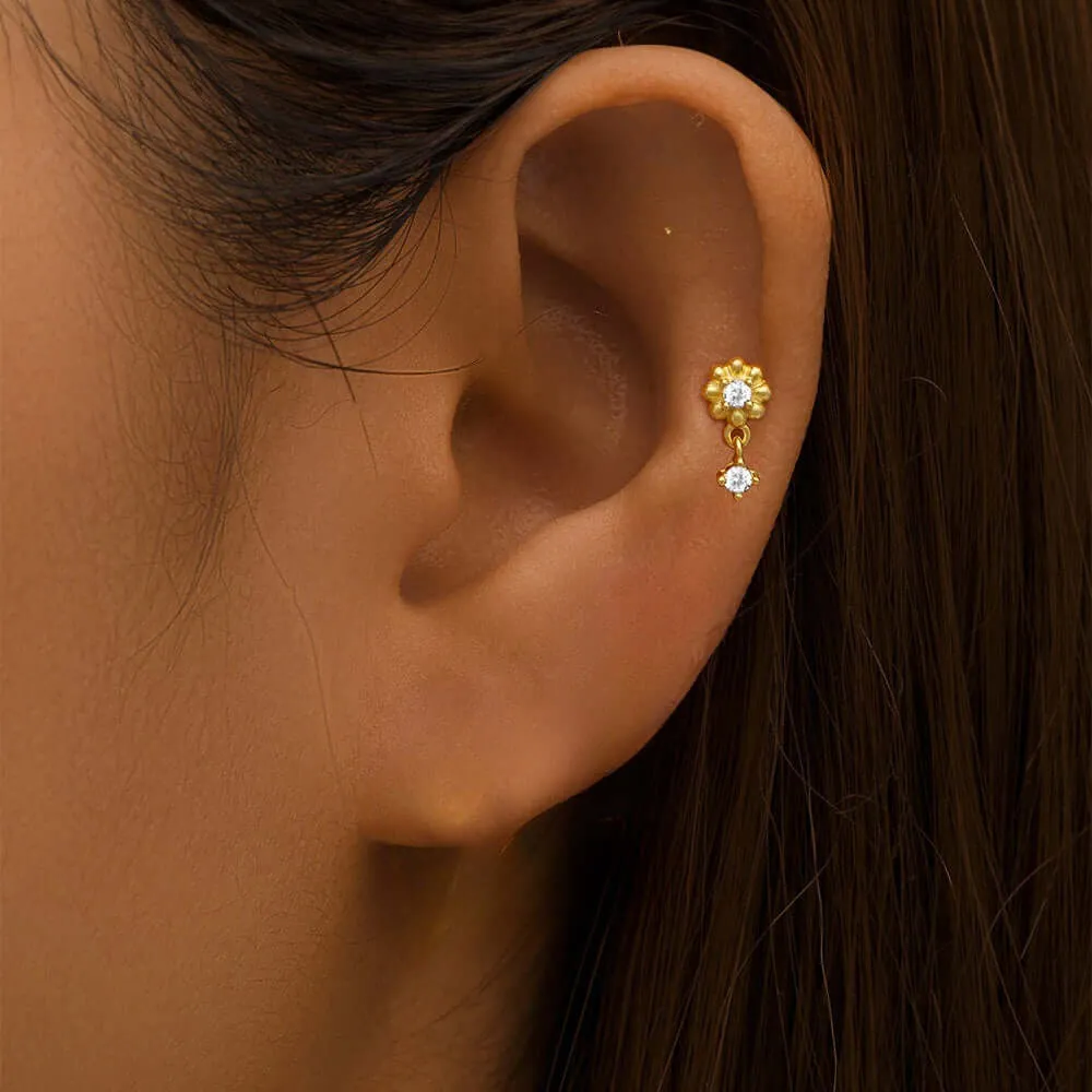 925 Silver Gold Flower Pendant Flat Earrings