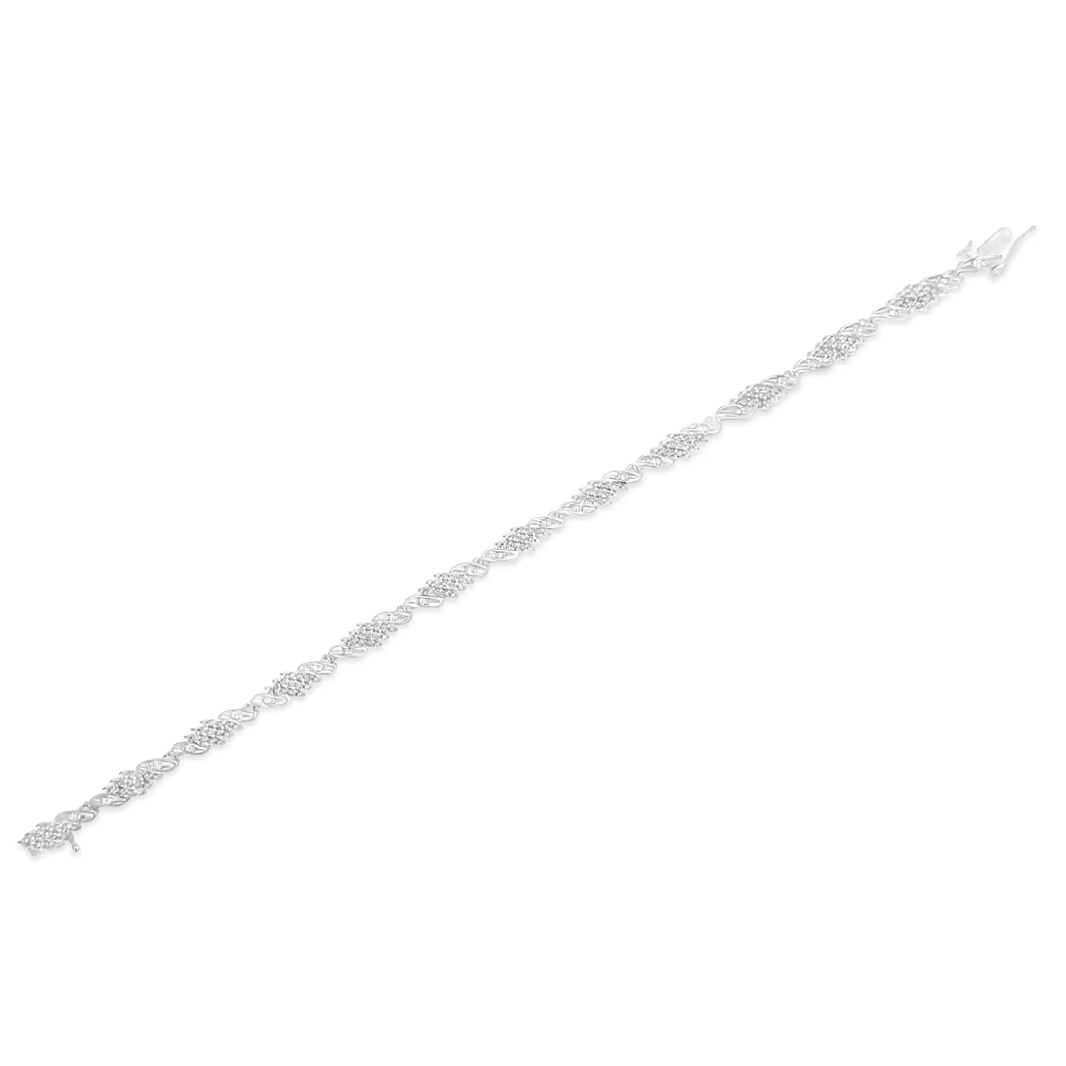 .925 Sterling Silver 1-1/2 Cttw Round and Baguette Cut Diamond Wave Link Bracelet (I-J Color, I2-I3 Clarity) - 7"