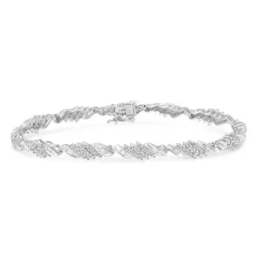 .925 Sterling Silver 1-1/2 Cttw Round and Baguette Cut Diamond Wave Link Bracelet (I-J Color, I2-I3 Clarity) - 7"