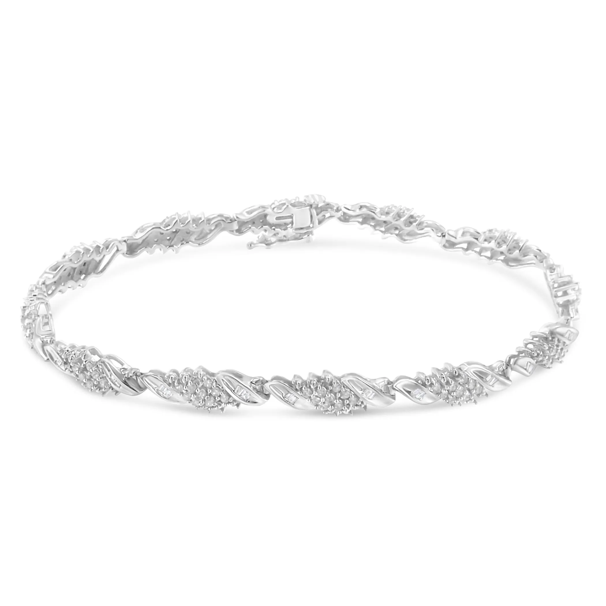 .925 Sterling Silver 1-1/2 Cttw Round and Baguette Cut Diamond Wave Link Bracelet (I-J Color, I2-I3 Clarity) - 7"