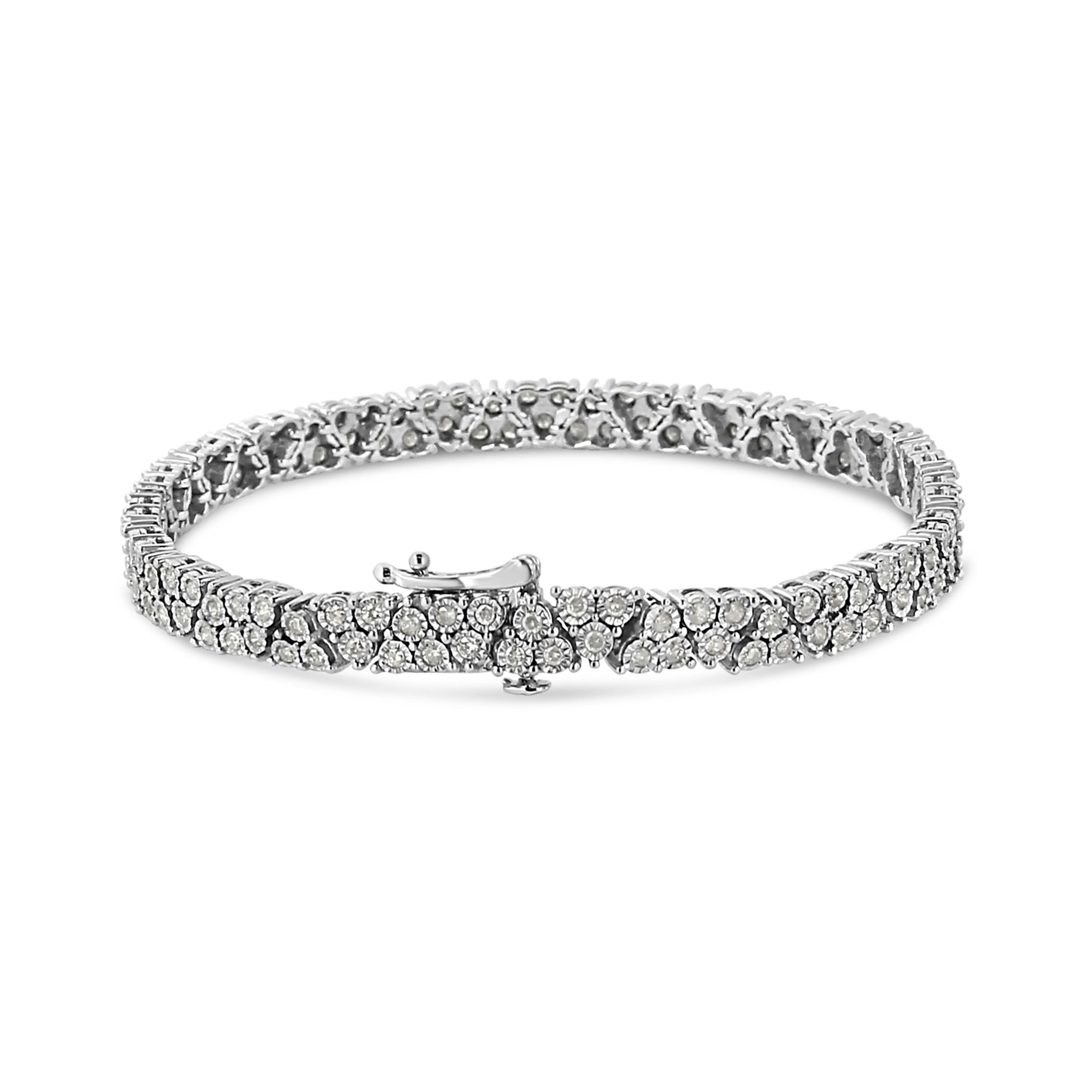 .925 Sterling Silver 2.00 Cttw Miracle Set Diamond Trio Link Multi Row Tennis Bracelet