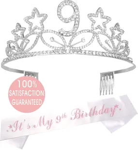 9th Birthday, 9th Birthday Gift, 9th Birthday Crown, 9th Birthday Sash for Girls, 9th