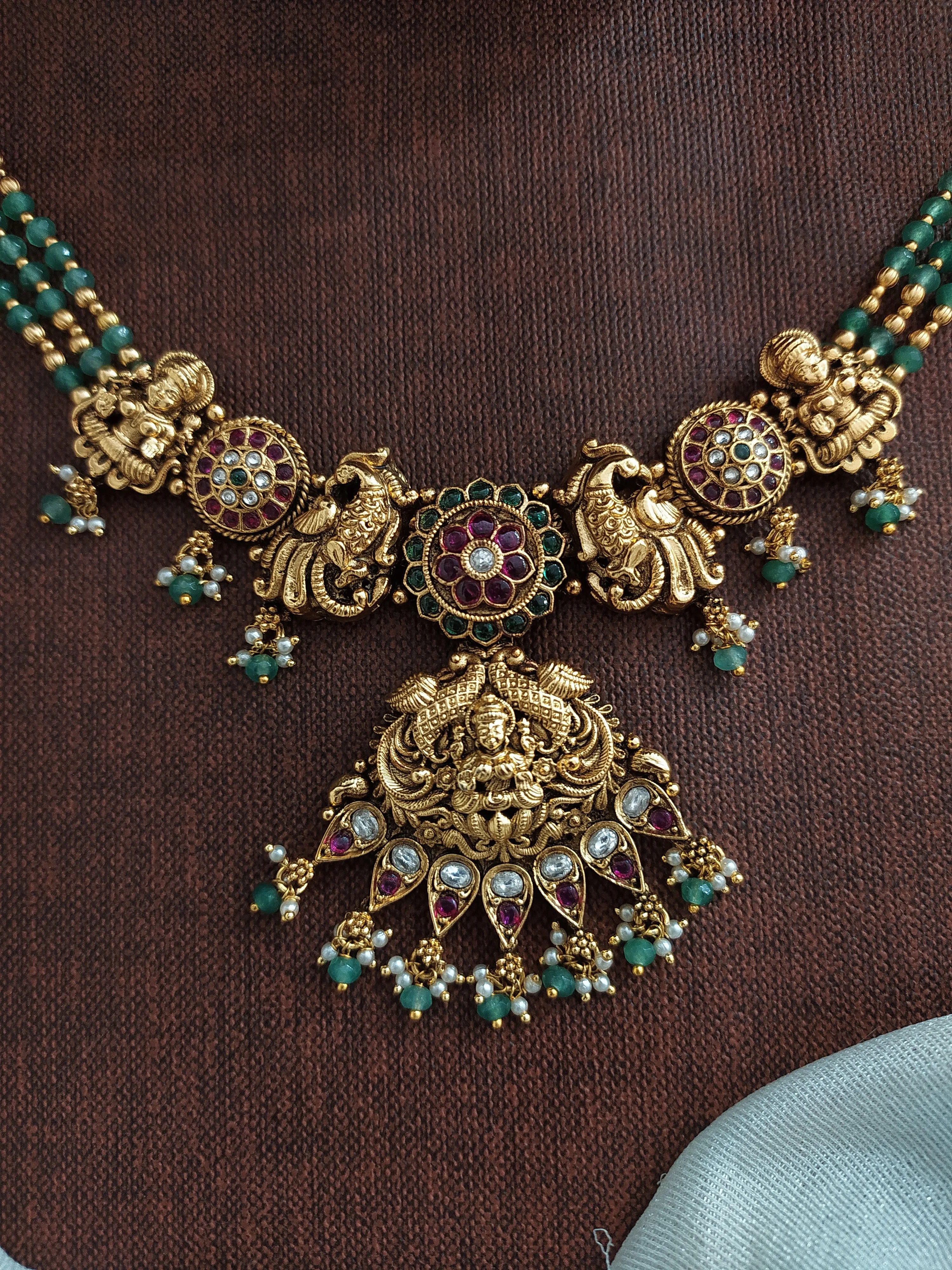 Antique Beaded Choker Necklace Set with Lakshmi Pendant