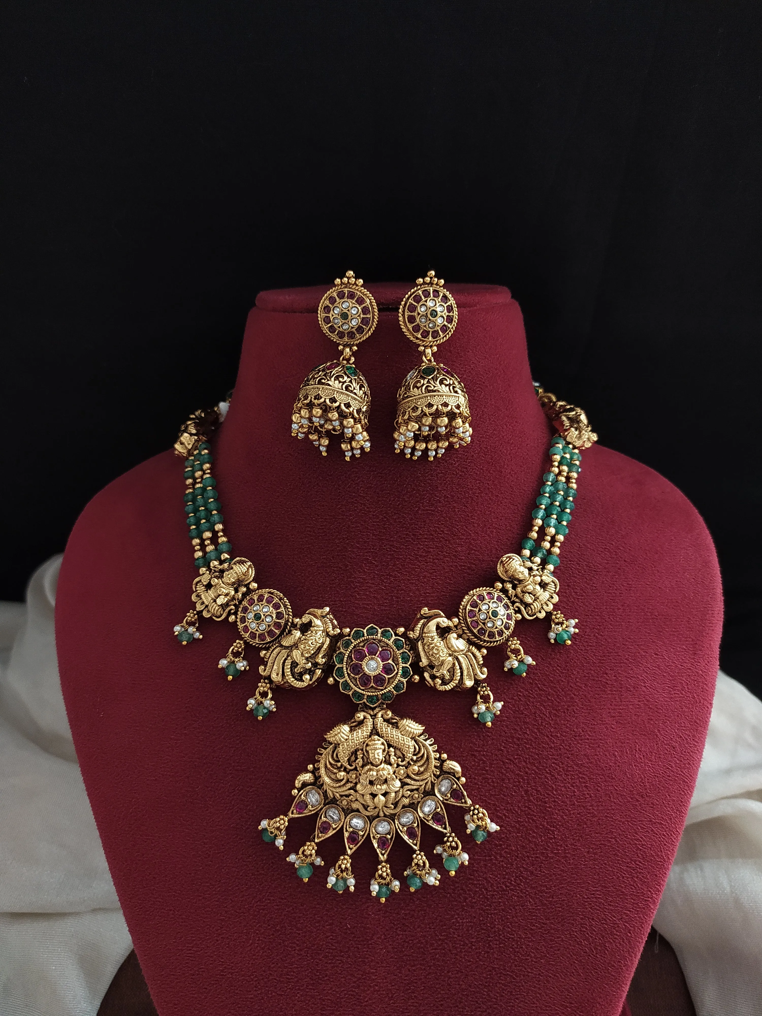 Antique Beaded Choker Necklace Set with Lakshmi Pendant