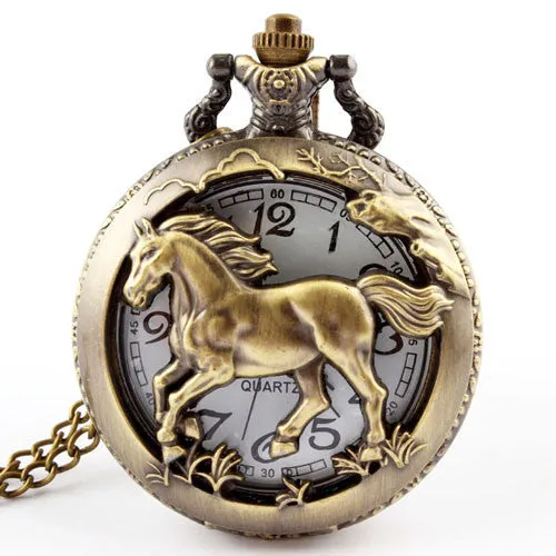 Antique Bronze Orologio Taschino Horse Hollow Pocket Watch