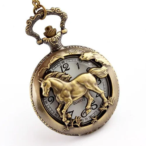 Antique Bronze Orologio Taschino Horse Hollow Pocket Watch