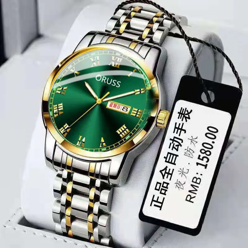 Automatic Mechanical Watch Men's Calendar Luminous Waterproof round Ordinary Glass Mirror Wrist Watch