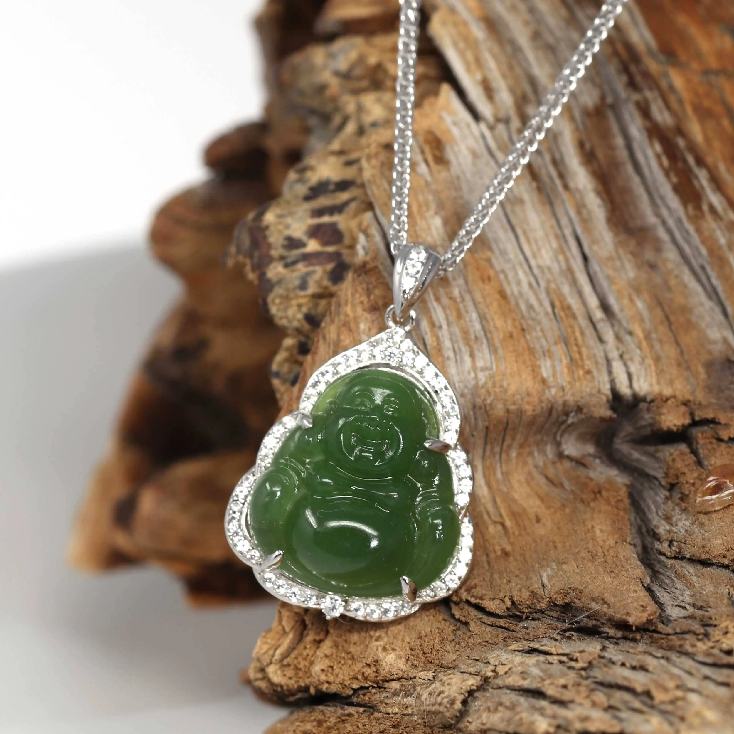 Baikalla™ "Laughing Buddha" 14k White Gold Genuine Nephrite Green Jade with Moissanite