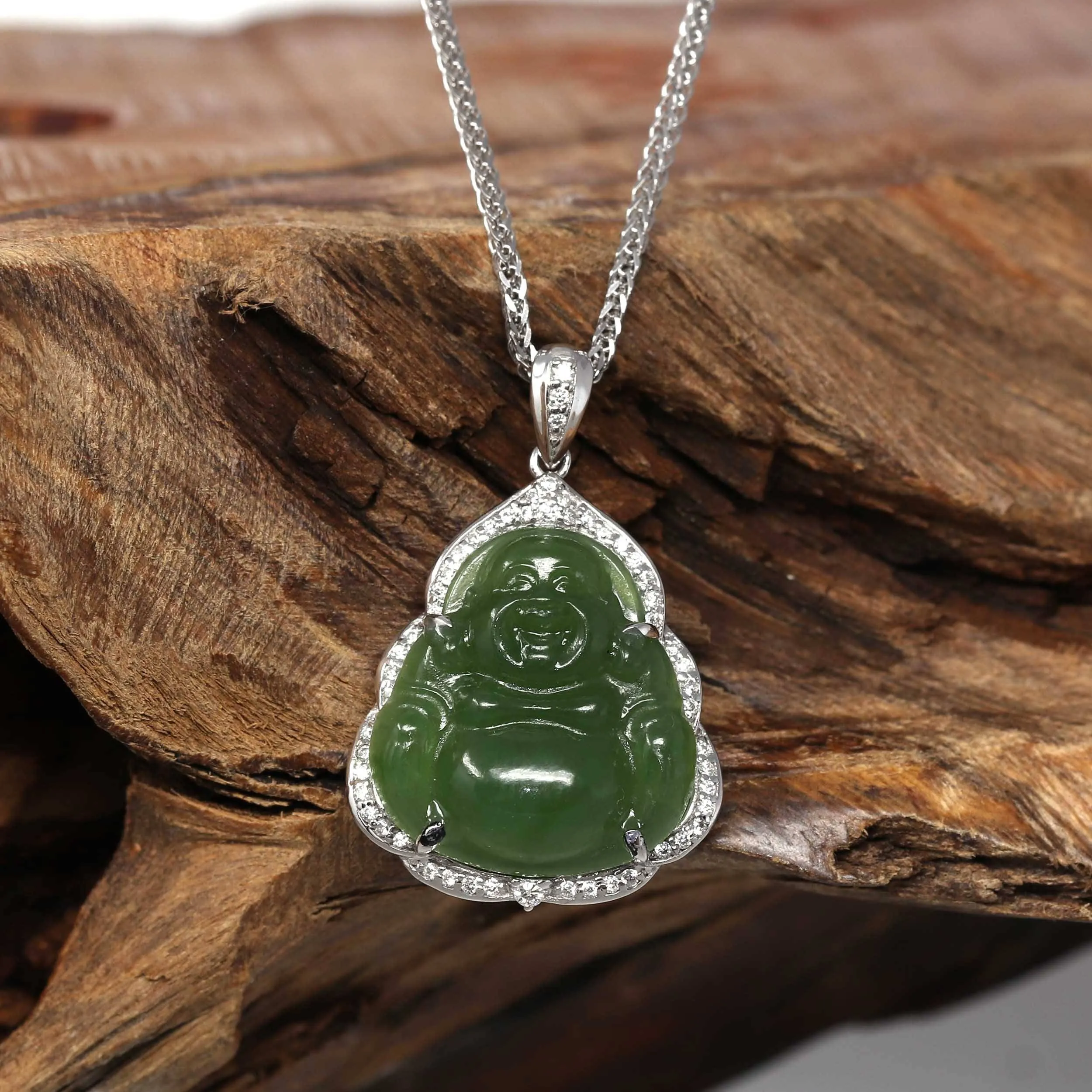 Baikalla™ "Laughing Buddha" 14k White Gold Genuine Nephrite Green Jade with Moissanite