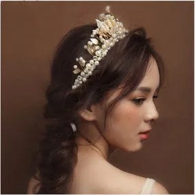 Baroque Style Gold Leaf Pearl & Crystal Wedding Tiara