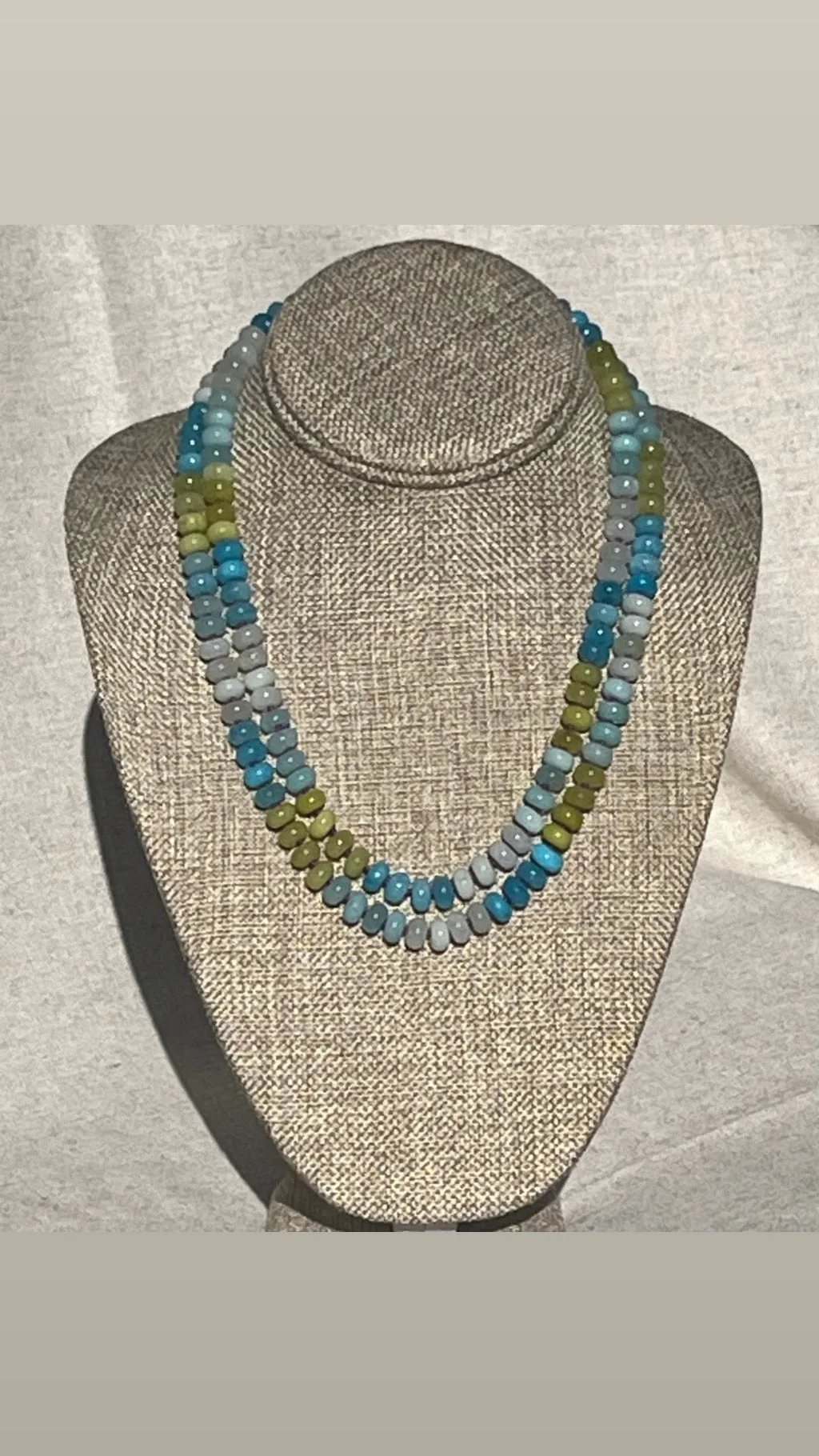 Beaded semi precious Multi tones of greens and blues necklace hand knotted purple silk with 14K yellow gold clasp