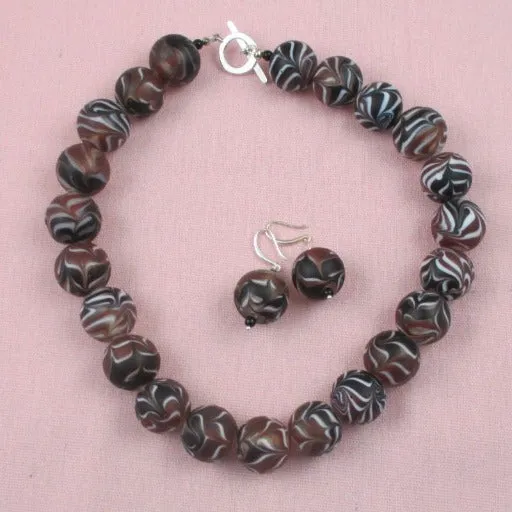 Black & White with Brown Swirl Handmade Glass Bead Necklace & Earrings