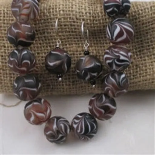 Black & White with Brown Swirl Handmade Glass Bead Necklace & Earrings