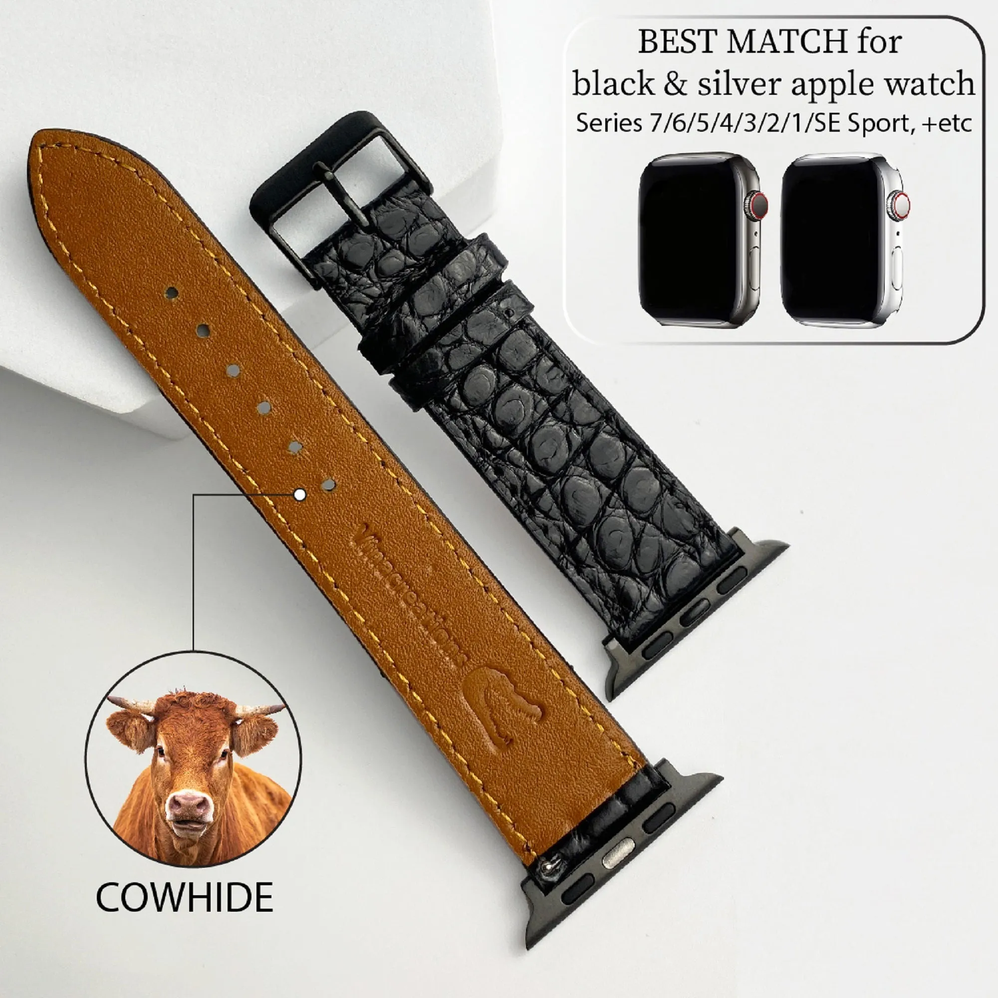 Black Flat Alligator Leather Strap For Apple Watch Ultra Series 8 7 6 5 4 3 SE | AW-21