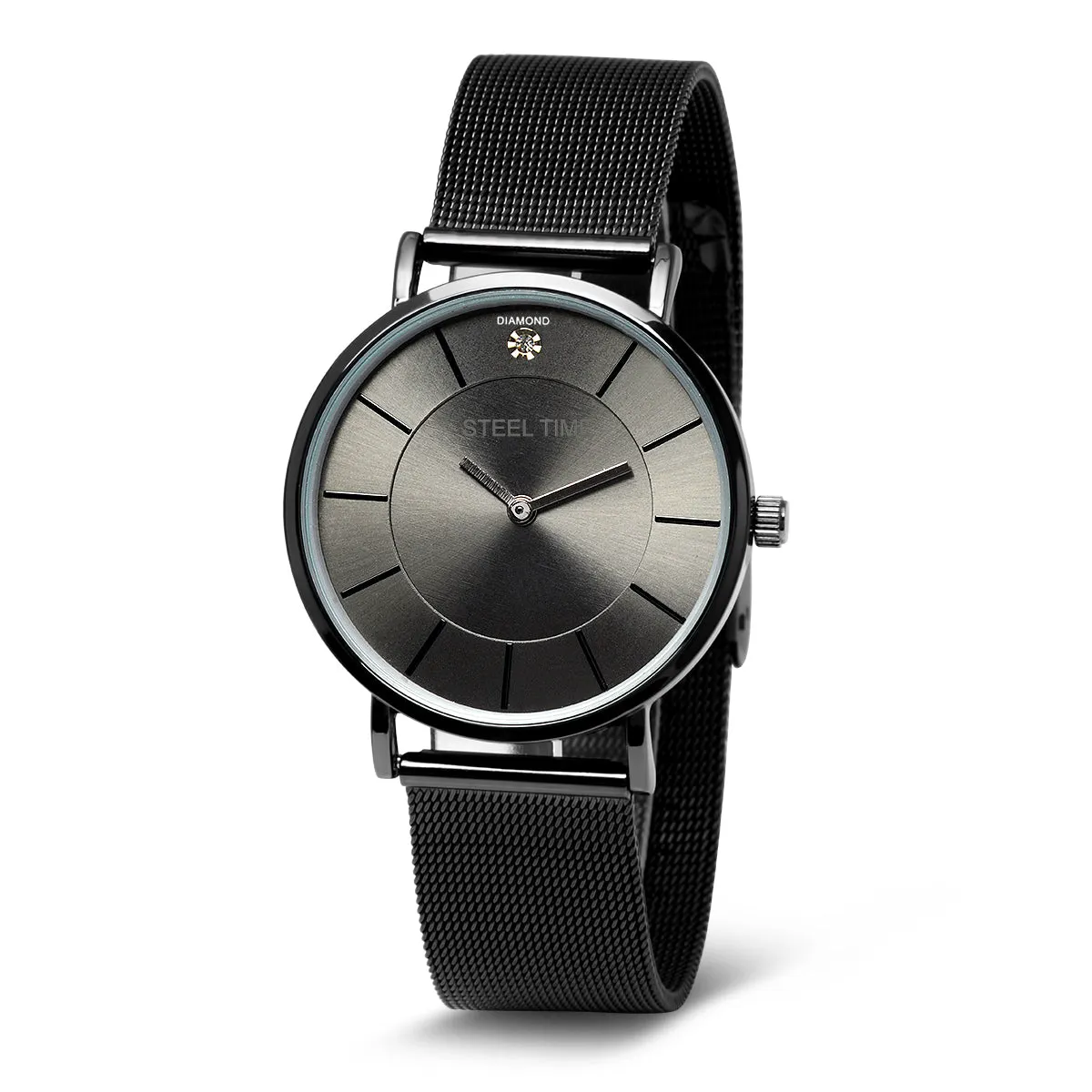 Black Midnight Mesh Banded Watch *  Genuine Diamond