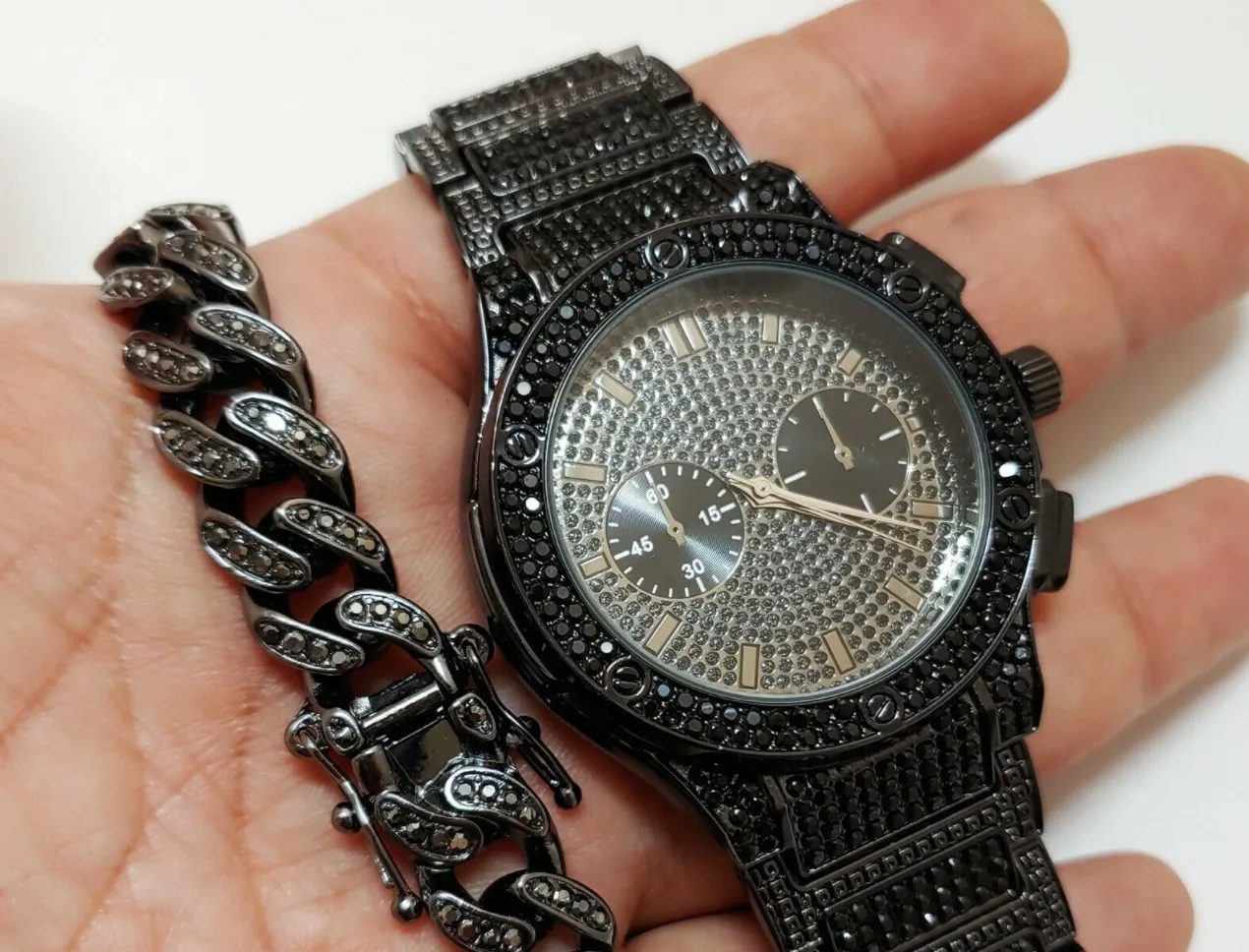 Black Simulated Diamond Necklace Chronograph Watch Set Cuban Link Bracelet Hip Hop Jewelry Bling Bundle