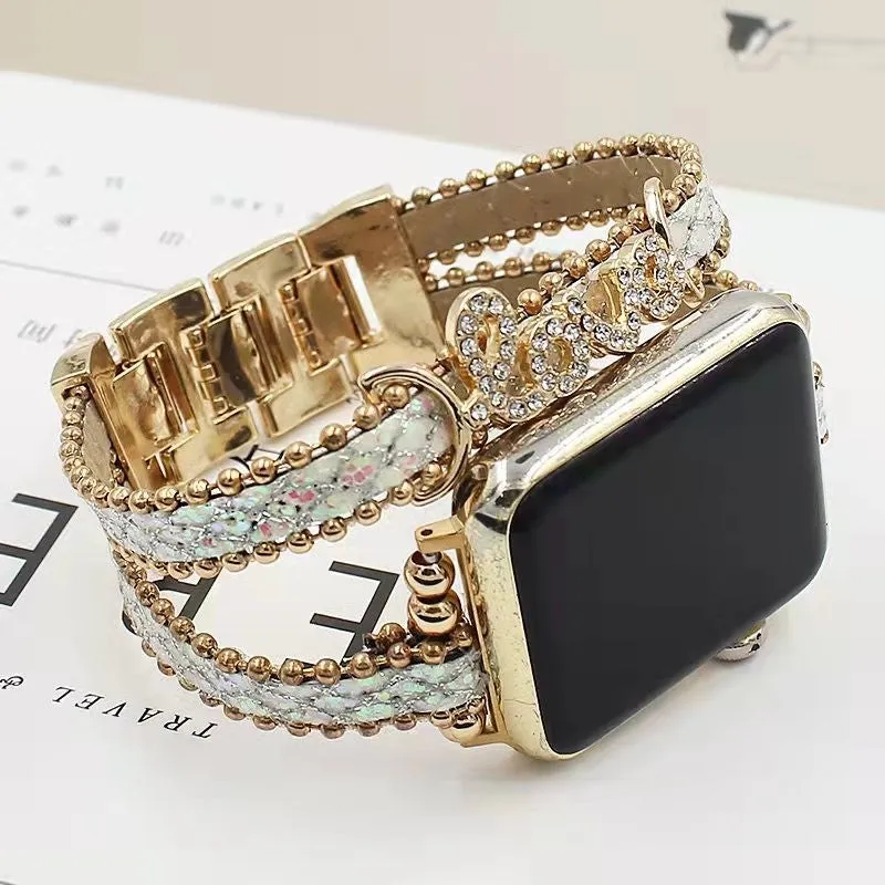 Blinged Out Leather Steel Bracelet Band For Apple Watch Multiple Colors Available