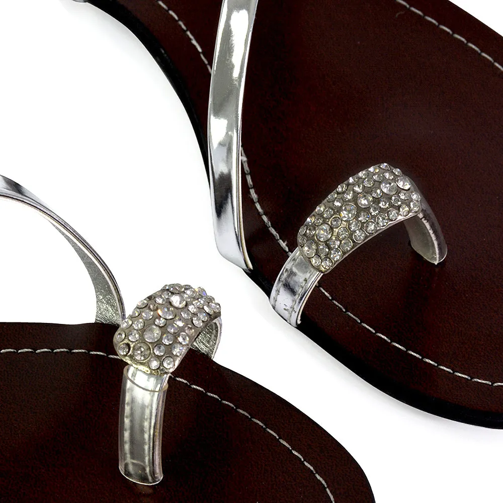 Bliss Embellished Toe Ring Strappy Slip On Flat Diamante Sandal Slides in Silver