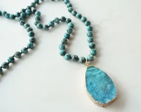 Blue Green Jasper Long Stone Beaded Boho Agate Pendant Necklace - Seraphina