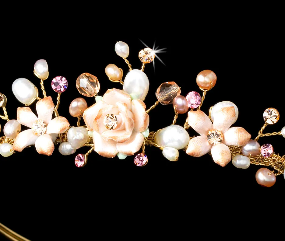 Blush Color Porcelain Pearl Floral Wedding Tiara