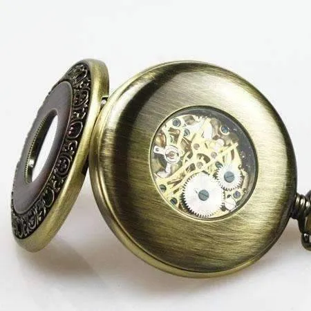 Bronze and Wood Antique Style Steampunk Skeleton Pocket Watch