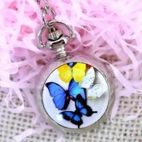 Butterflies Enamel Mini Pocket Watch Necklace For Woman