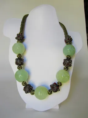 Carved Shiu Jade Beads, Tibetan Carnelian Beads and Green Silk Knot Necklace