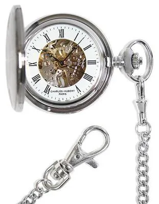 Charles-Hubert Mechanical Skeleton Pocket Watch - Stainless - See-Through Cover