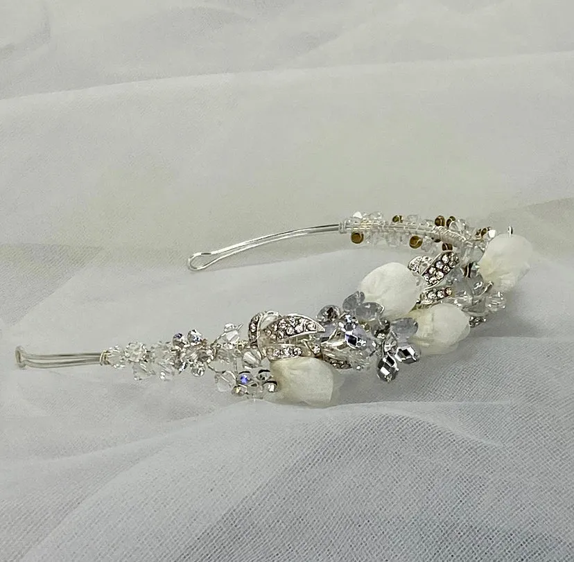 Charmaine - Ivory flower Crystal Tiara Brides Crystal Tiara Floral Silver Elegant Tiara