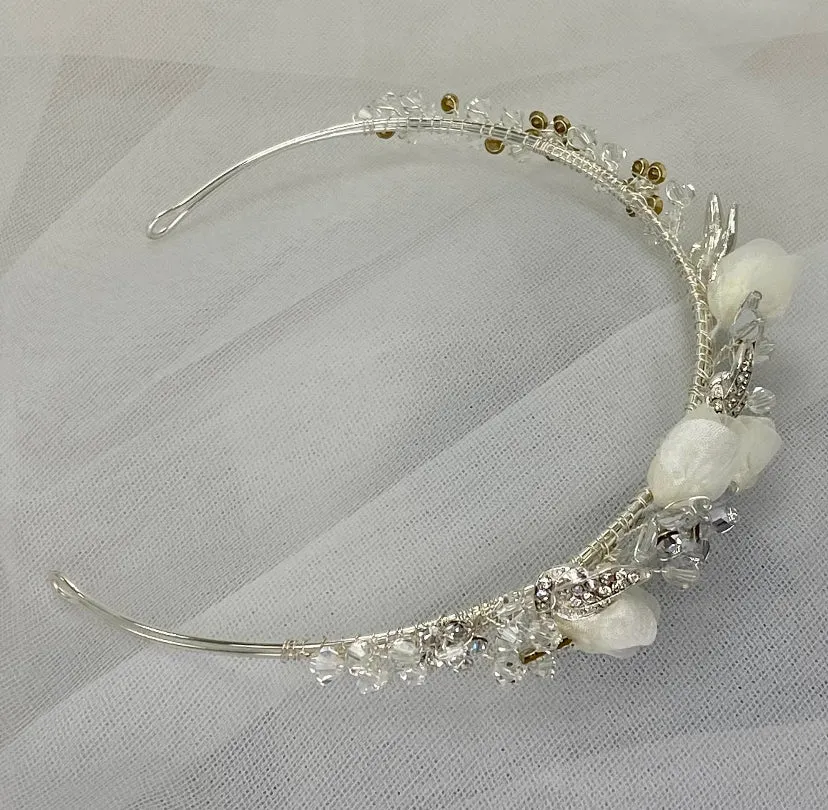 Charmaine - Ivory flower Crystal Tiara Brides Crystal Tiara Floral Silver Elegant Tiara