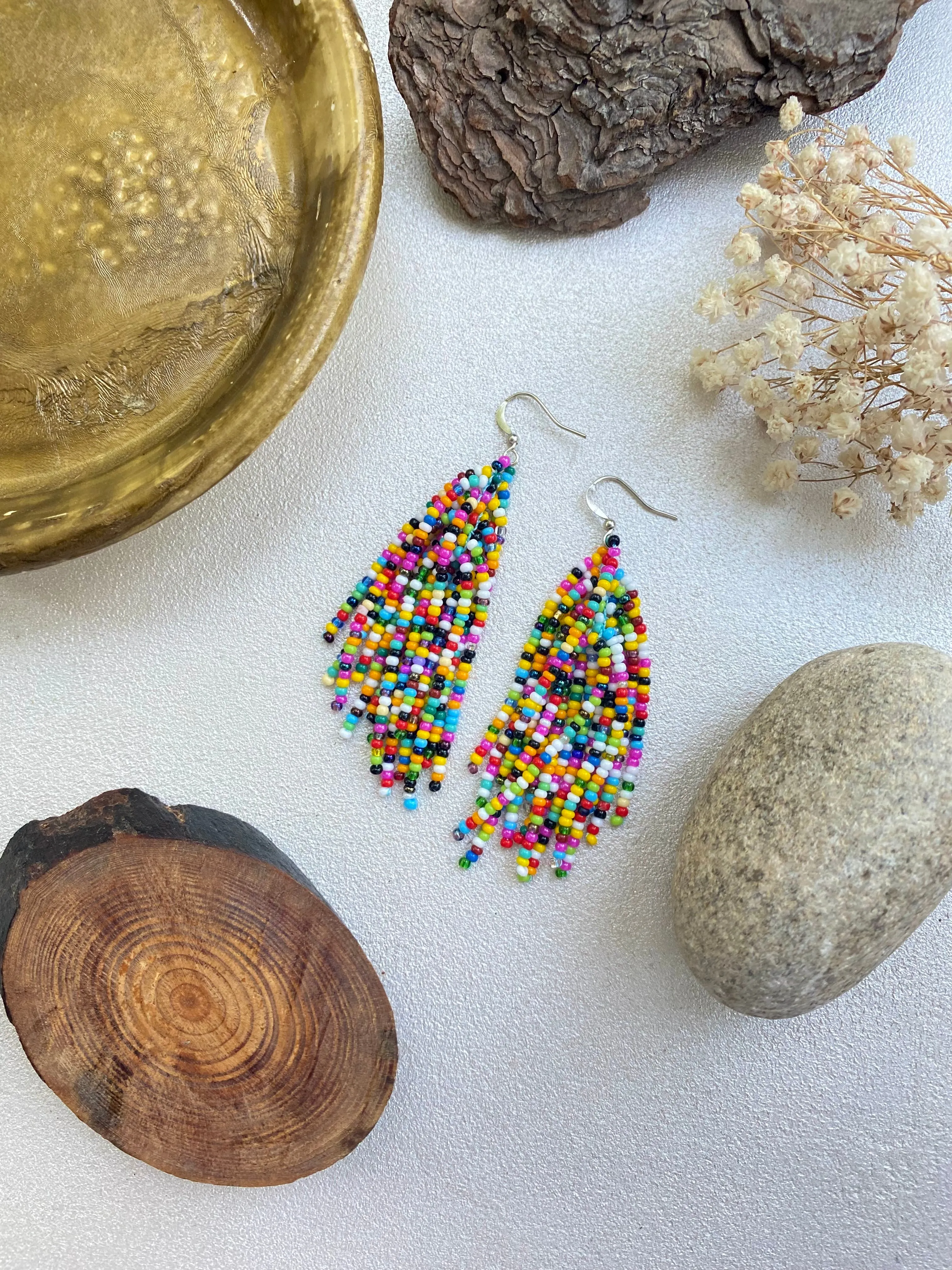 Confetti Seed Bead Tassel Earrings for Women, Long dangle Colorful Tassle earring, Multicolor Bohemian earrings, Hippie Boho Earrings Unique