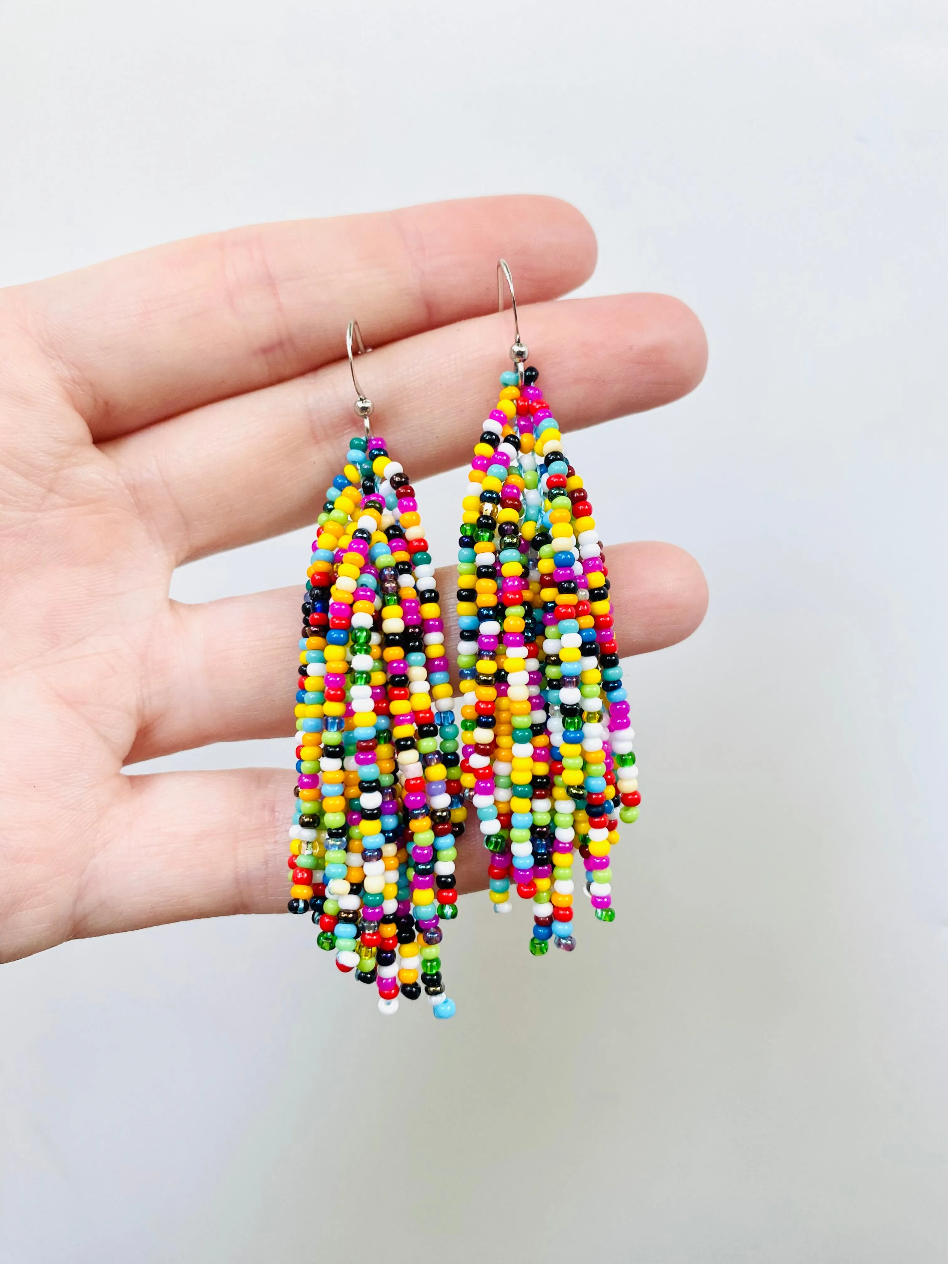 Confetti Seed Bead Tassel Earrings for Women, Long dangle Colorful Tassle earring, Multicolor Bohemian earrings, Hippie Boho Earrings Unique