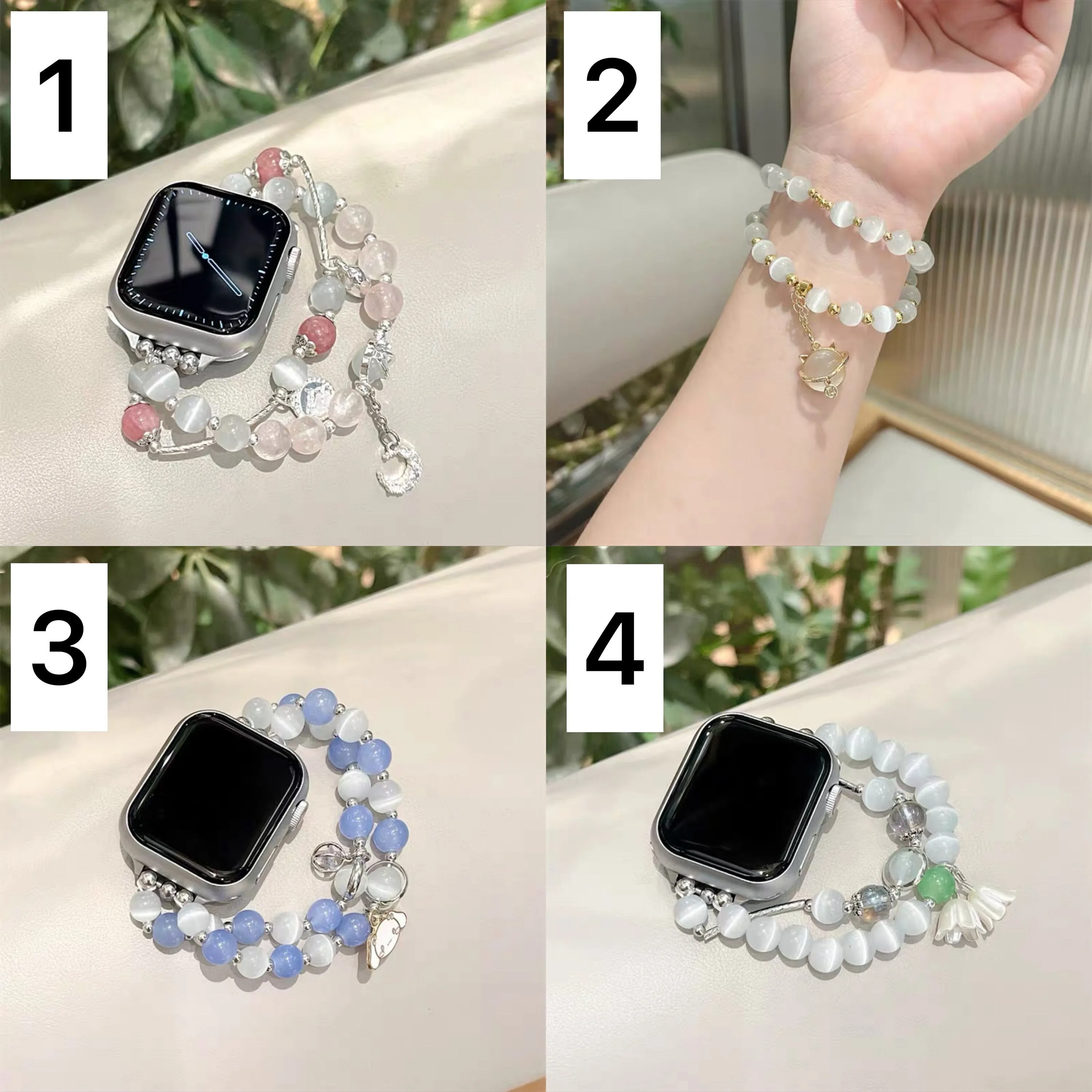 Cute Moon Pearls Beads Charms Bracelet iWatch Band Series 1 2 3 4 5 6 7 8 9 Ultra Gen 38mm 40mm 41mm 42mm 44mm 45mm 49mm Apple Watch Strap