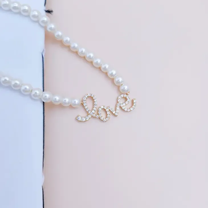 Cz Gold Dipped Pearl Love Fashion Necklace