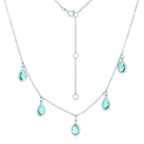 CZ Sterling Silver Rhodium Plated Aqua Pear Shape Drop Last Pair Necklace