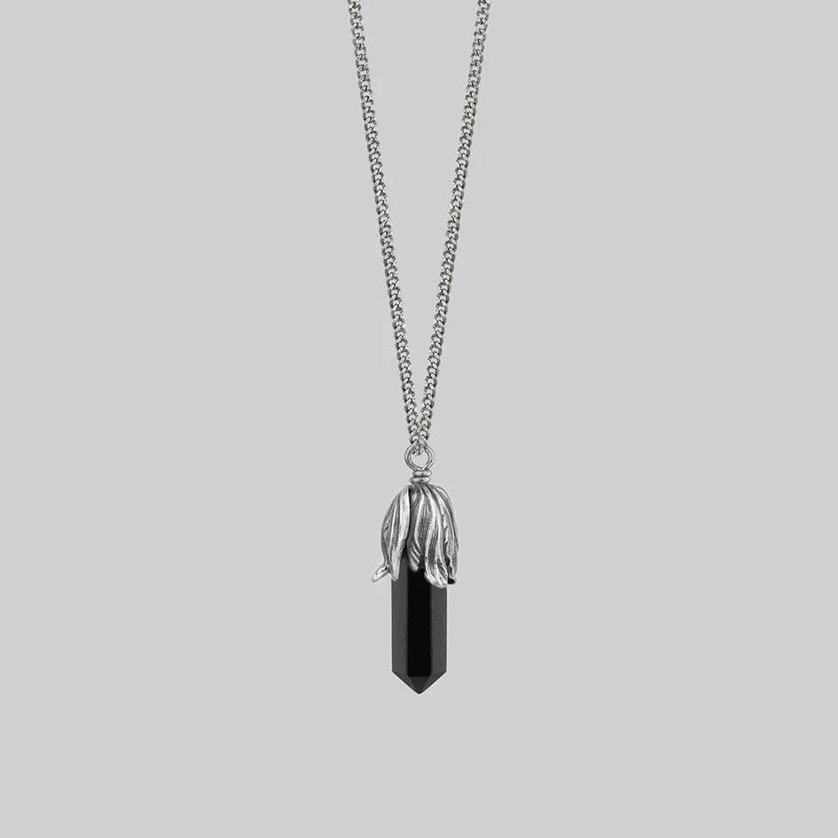 DEATH BLOOM. Black Agate Gemstone Necklace - Silver