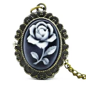 DEFFRUN Fashion Flower Rose Bronze Quartz Pocket Watch Retro Pendant Necklace