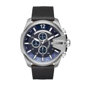 Diesel Men's Mega Chief Quartz Stainless Steel and Leather Chronograph Watch, Color: Silver-Tone, Black (Model: DZ4423)